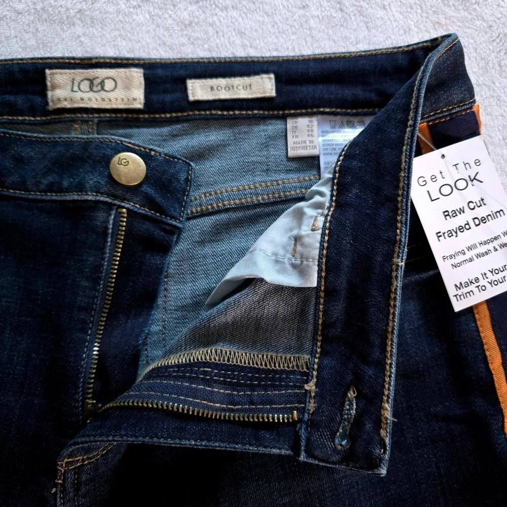 LOGO Lori Goldstein Bootcut Jeans Side Stripe Raw Hem Dark Wash Blue 12 New